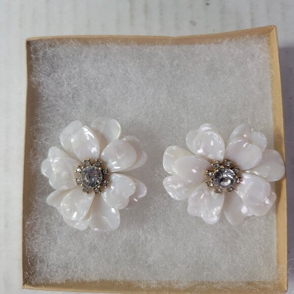 J.Crew White Full Bloom Classic Floral Statement Rhinestone Flower Earrings - Picture 1 of 4